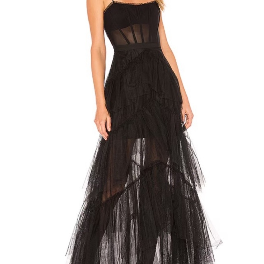 Corset tulle formal gown in black.